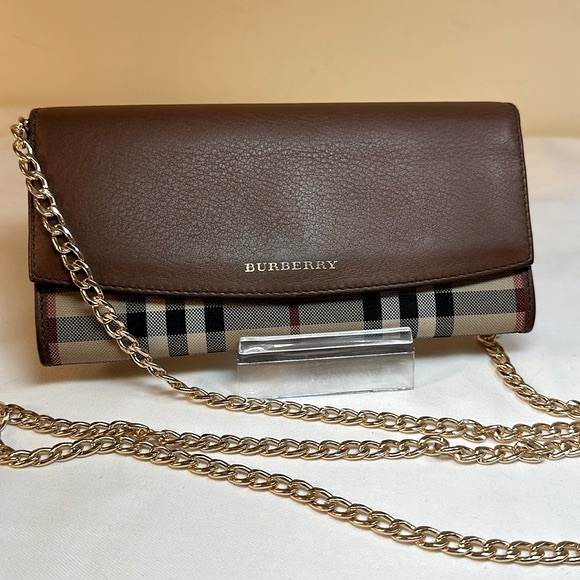 Burberry Long Wallet Tartan & Brown Leather, unbranded insert & Crossbody Chain - Picture 1 of 16